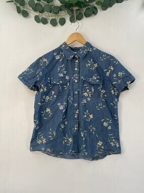 Liz Claiborne Lizwear Jeans Denim Blue 100% Cotton Floral Button Up Size L